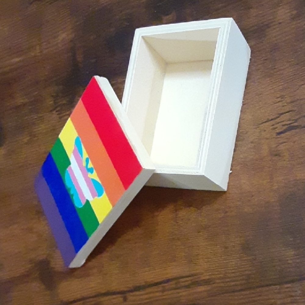 Wooden Trinket Box with Hand-painted Rainbow Stripe and Trans Pride Butterfly - Picture 5 of 10